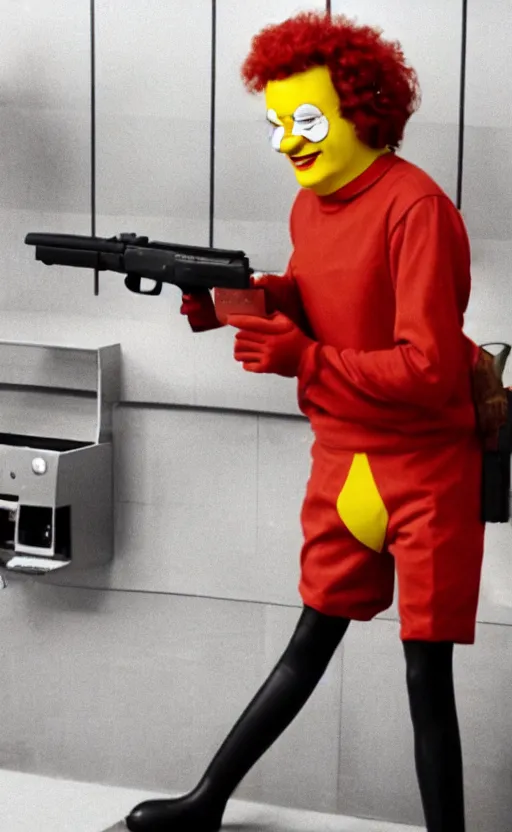 Image similar to photo of ronald mcdonald robbing a bank with a gun. security footage. award winning. very high quality. hq. hd.