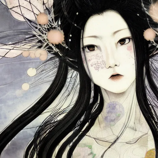 Image similar to yoshitaka amano blurred and dreamy realistic illustration of a japanese woman with black eyes, wavy white hair fluttering in the wind wearing elden ring armor with engraving, abstract patterns in the background, satoshi kon anime, noisy film grain effect, highly detailed, renaissance oil painting, weird portrait angle, blurred lost edges, three quarter view