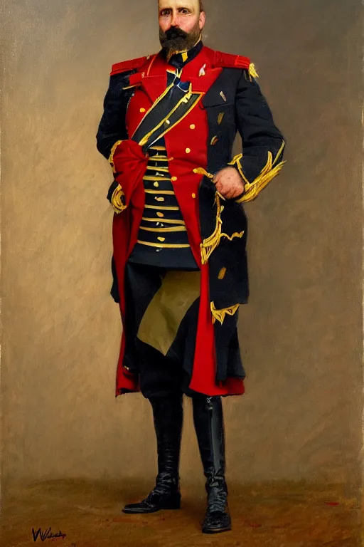Prompt: full body portrait of the dictator of the washington wizards, 1 8 8 9, in full military garb, oil on canvas by william sidney mount, trending on artstation