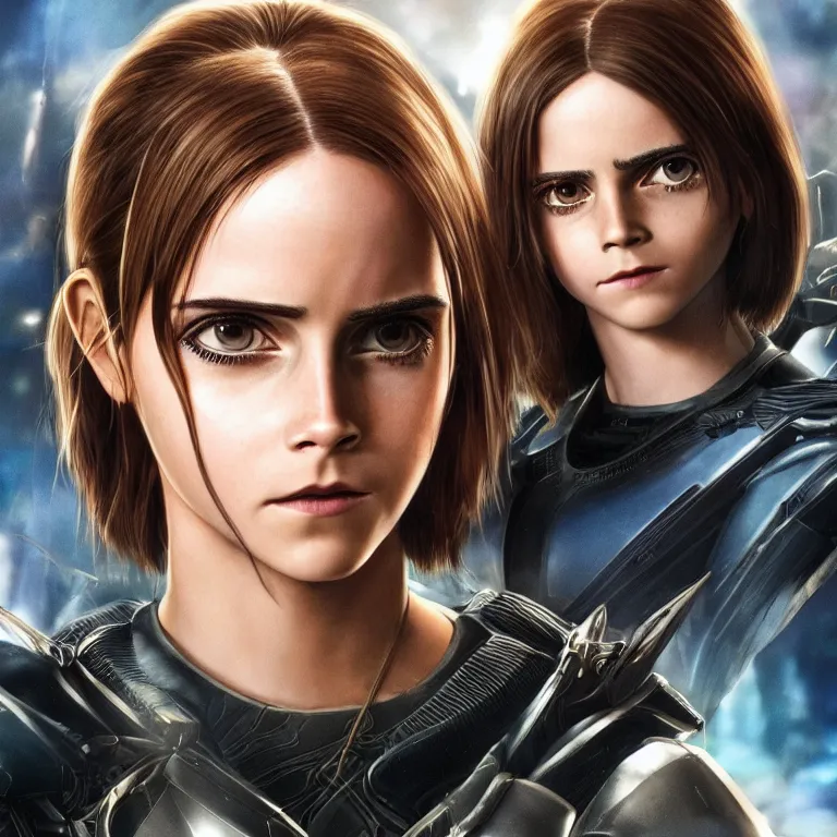 Image similar to scifi emma watson looks like alita battle angel, big eyes, smiling face, extremely high detail, extremely high detailed face, cyborg, photorealism, emma watson, sony a 7 r