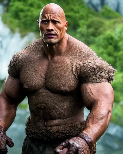 Image similar to dwayne johnson as ben grimm in the new fantastic four movie. dwayne is wearing an elaborate ben grimm style rock monster suit designed by rick baker. dwayne is wearing the fantastic four costume