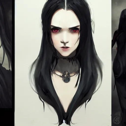 Image similar to female human vampire witch in the style of greg rutkowski, makoto shinkai, trending on artstation, character design, concept art, pretty face, highly detailed, long black hair, portrait, digital art