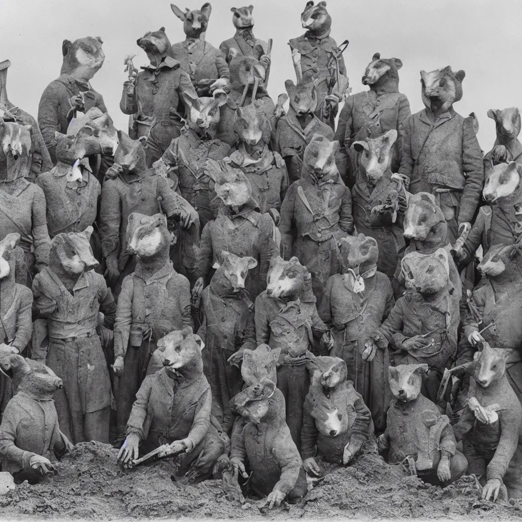 Prompt: a group of badger archaeologists with badger faces, digging at sutton hoo in 1 9 4 0 s suits, standing upright like people, anthropomorphic, style of beatrix potter, their faces are badger's faces, rendered as a highly detailed black & white photograph