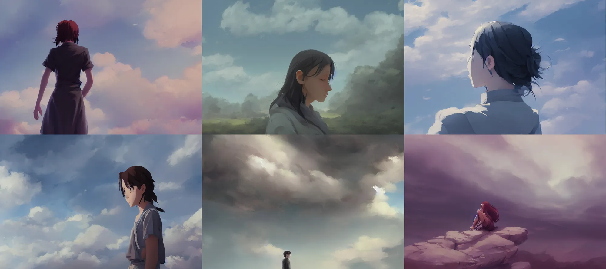 Prompt: side view of a person holding on a cloudy day, very wide lens, a matte painting by makoto shinkai, cgsociety, color field, speedpainting, polycount, artstation hq