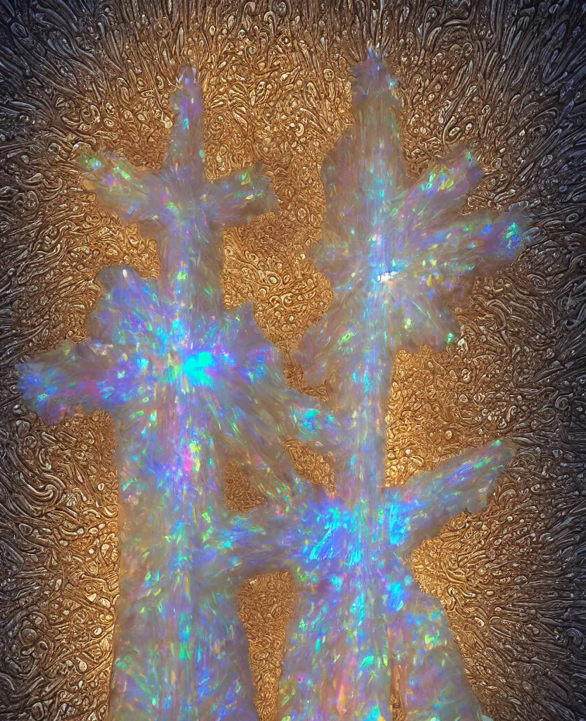 Image similar to a crystalline 3 d mandelbulb fractal in the shape of jesus christ on the cross, bioluminescent opal, fractal, magnificent lighting, ethereal, ray tracing, octane