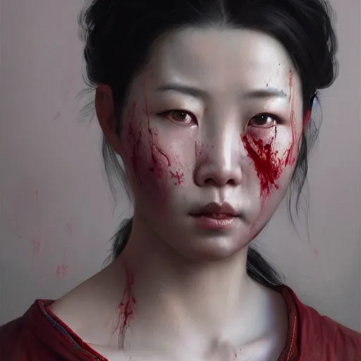 Image similar to portrait painting of a bloodied north korean female butcher, ultra realistic, concept art, intricate details, eerie, highly detailed, photorealistic, octane render, 8 k, unreal engine. art by artgerm and greg rutkowski and alphonse mucha