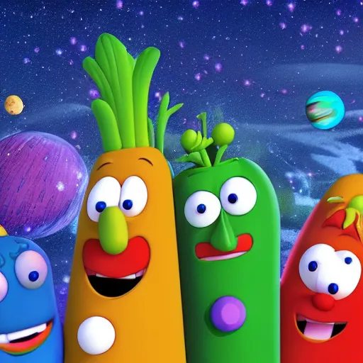 Image similar to veggietales main characters in space digital illustration 4 k hd