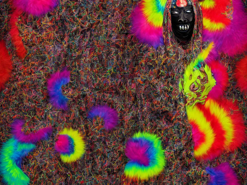 Prompt: a portrait of a beautiful colorful ( flesh - eating ) yamazaku wearing a terrifying mask and covered in rainbow fur, the ground is covered in maggots, seen from a fractal kaleidoscope, schizophrenic hallucination, fear, morbid, nightmare, supernatural, 8 k, hd photography, highly detailed, chiaroscuro, terrifying