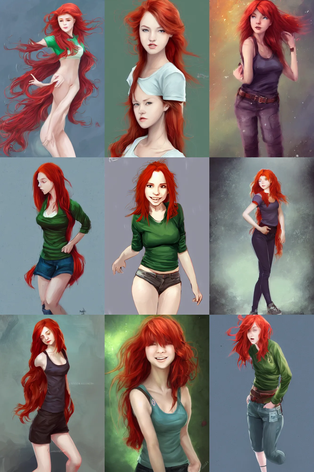 Prompt: beautiful cute red haired joyful and playful nineteen year old maiden standing up in casual green clothing, modern city, long hair, attractive face, attractive and athletic body, rpg character, sci - fi, fantasy, intricate, elegant, digital painting, artstation, concept art, smooth, 8 k frostbite 3 engine, ultra detailed, art by artgerm, magali villeneuve