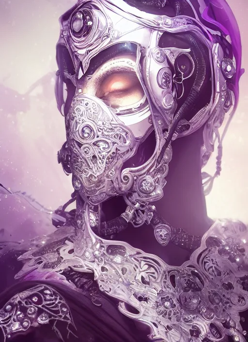 Image similar to a beautiful ornate cyborg with a white techwear mask, purple garment with art nouveau ivory accessories, dressed in black intricate lace and jewels, ethereal, misty, cyberpunk, darksynth, luxury, concept art by zeen chin, extremely detailed, artstation, andree wallin, edvige faini, alphonse mucha, 8 k, unreal engine 5