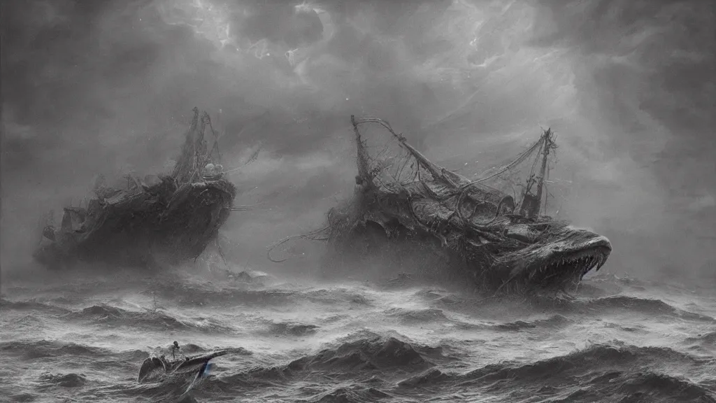 Prompt: a huge monster of the deep emerges out of the crashing waves to attack a small fishing boat, tentacles, Beksiński, Achenbach, horror, cinematic lighting, Technicolor, global illumination