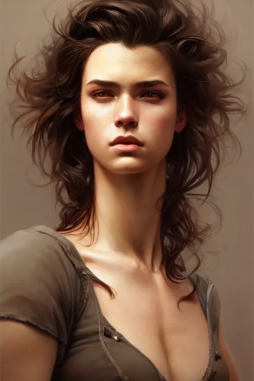 Prompt: photorealistic portrait of a young butch woman, handsome, female, masculine, upper body, fantasy, fierce, sharp features, intricate, elegant, highly detailed, digital painting, artstation, concept art, matte, sharp focus, illustration, art by artgerm and greg rutkowski and alphonse mucha