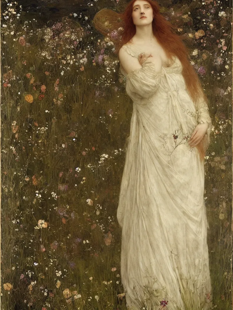 Image similar to beautiful pre - raphaelite woman, flower halo, flowing gown with empire waist in a wildflower meadow, floating leaves, fairys and flower petals in background, painterly, briar patch, thorns, dreamy, painted by jeremy mann, edward burne - jones, and john everett millais, alma tadema, ethereal, stunning, god rays, detailed