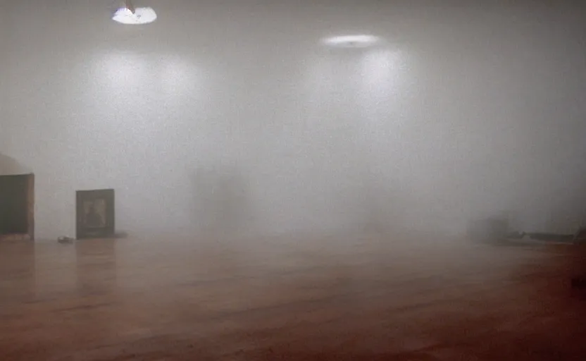 Image similar to screenshot photo low angle interior of a house built on nothing and something for the nothing underneath, scene from being john malcovich film directed by charlie kaufman ( 2 0 0 1 ), foggy volumetric light morning, moody cinematography, 2 4 mm anamorphic lens, 3 5 mm film