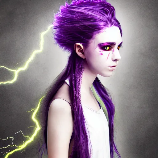 Image similar to detailed photo portrait of a furious teen girl with thin, hair-like purple tentacles on her head and bright purple eyes, 8k, trending on DeviantArt, face enhance,hyper detailed ,full of colour, dramatic lightning