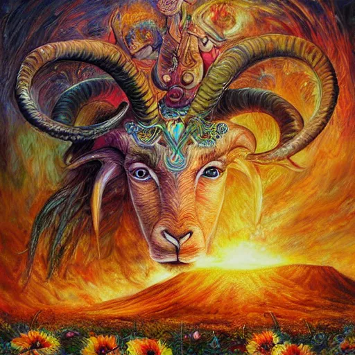 Image similar to painting by senior concept artist josephine wall, horned ram goddess checking her cell phone, erupting volcano in distance, sunset, flowers in foreground, zodiac, fantasy, acrylic on canvas, intricately detailed, highly detailed, high resolution, hdr, 8 k, trending on artstation