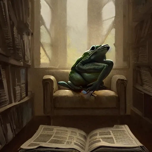 Image similar to A frog reading the newspaper in his armchair in the background books near a window by Greg rutkowski, Trending artstation