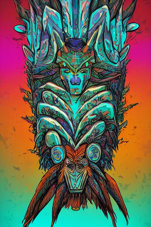 Image similar to totem animal mask tribal feather gemstone plant wood rock shaman vodoo video game vector illustration vivid multicolor borderlands comics by josan gonzales and dan mumford radiating a glowing aura