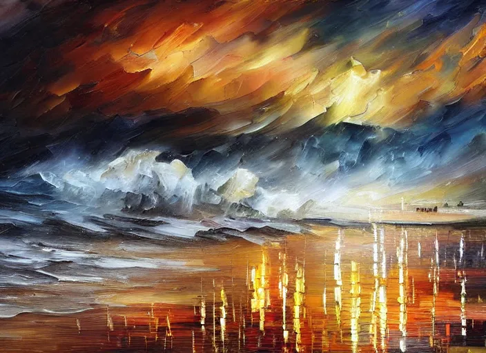 Image similar to palette knife painting of a roaring sea storm landscape, dramatic, dark, sepia, ((by Misun Afremov)), by Joshua Davison, by Justyna Kopania, by Joseph Lee