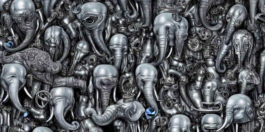 Image similar to Many Chrome and living tissue dendritic organic Elephant heads, Cronenberg automata, junji ito, sci-fi, blue sky