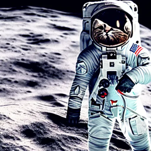 Image similar to a picture of a grey tabby cat wearing an astronaut suit, standing in the moon. Highly detailed . 4k