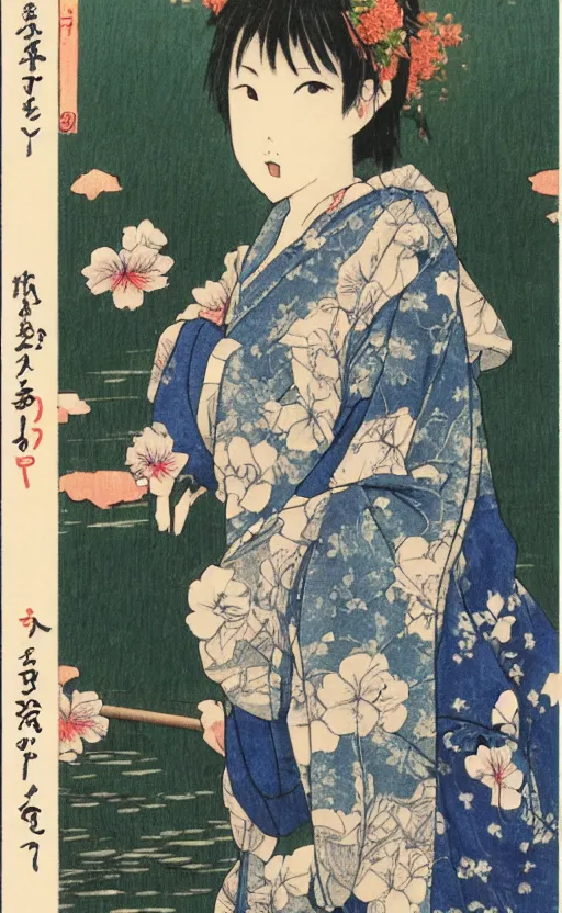 Prompt: by akio watanabe, manga art, a girl sitting on small wooden lake bridge and iris flowers, trading card front, kimono, realistic anatomy