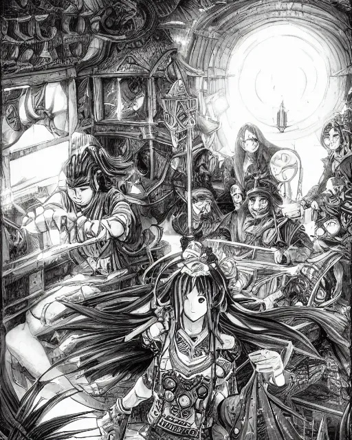 Image similar to A merchant selling treasuries and potions, high detailed store, black and white, fantasy art, in the style of masami kurumada, illustration, epic, fantasy, intricate, hyper detailed, artstation, concept art, smooth, sharp focus, ray tracing