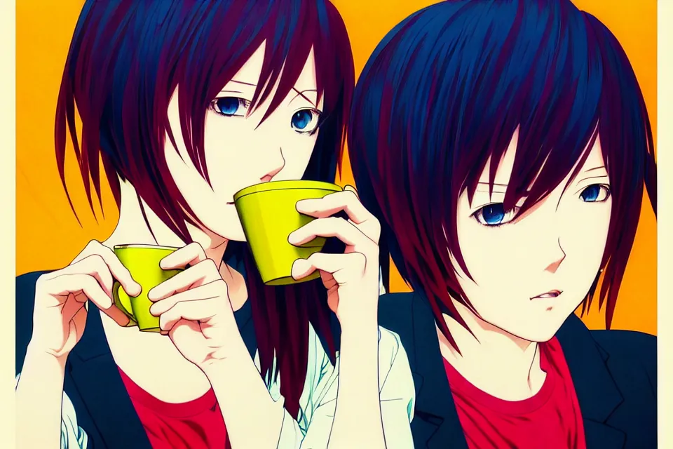 Image similar to colorful, anime portrait of a heroine drinking coffee, katsuhiro otomo, murata range, Ilya kuvshinov,fine texture, fine details, matte print, film noir, dramatic lighting, manga, anime, extreme perspectivedynamic composition, cinematic, film grain, moody, vivid, volumetric, alphonse mucha, art deco, smooth light shading, stippled lighting