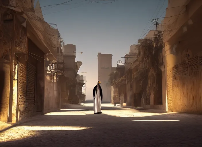 Prompt: old jeddah city alley, roshan, old shops, horse, magical glowing sand gateway to another dimension, a man wearing a white robe standing watching over, dramatic lighting, dawn, by caspar david friedrich, unreal engine 5
