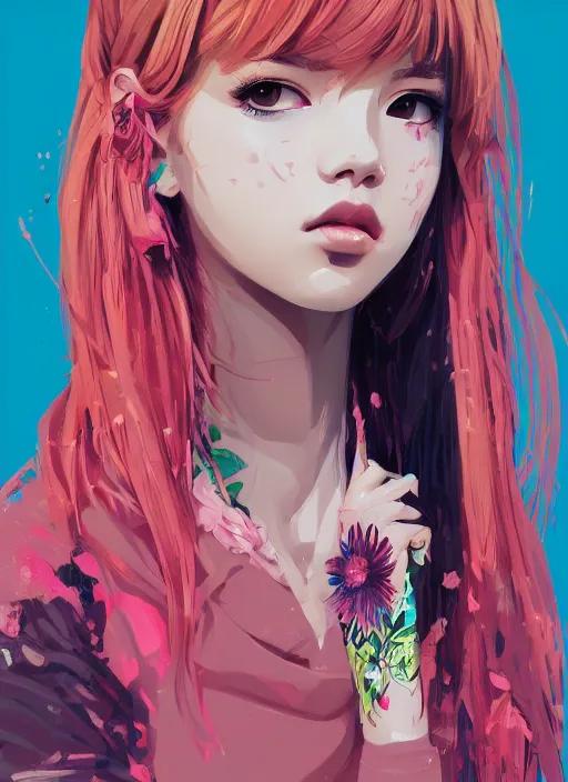 Prompt: lisa blackpink portrait illustration, pop art, splash painting, beautiful floral and plants ornaments in cloth and hair, art by ilya kuvshinov, greg rutkowski and makoto shinkai, dan mumford, artstation