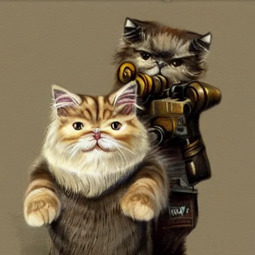 Image similar to a hyper realistic photograph of a persian cat. the persian cat has a determined expression and is holding a bazooka. highly detailed and trending on art station.