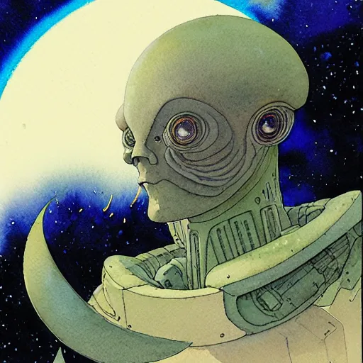 Image similar to a simple and atmospheric watercolour portrait of a pulp sci - fi alien commander, very muted colors, by rebecca guay, michael kaluta, charles vess and jean moebius giraud