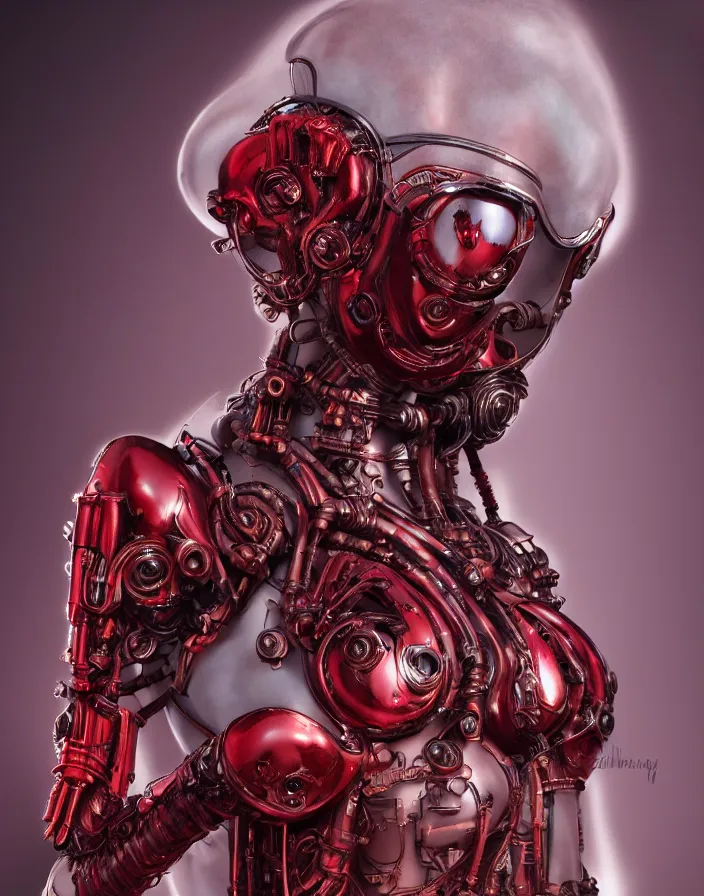 Prompt: portrait, antique statue venus, super hero pose, red biomechanical dress, inflateble shapes, wearing epic bionic cyborg implants, masterpiece, intricate, biopunk futuristic wardrobe, highly detailed, art by akira, mike mignola, artstation, concept art, background galaxy, cyberpunk, octane render