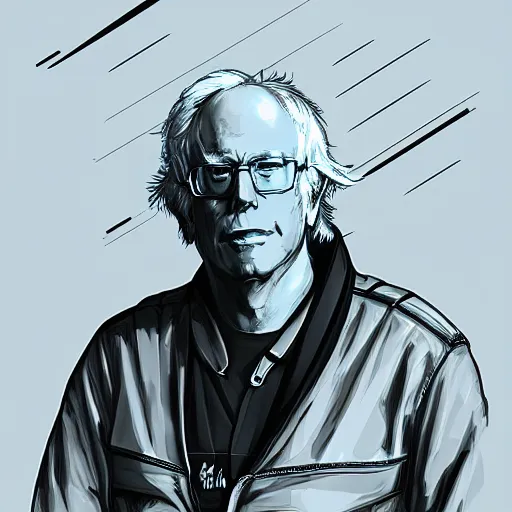 Image similar to cyberpunk bernie sanders as the leader of a futuristic communist nation, cybernetics, sharp lines, digital, artstation, colored in