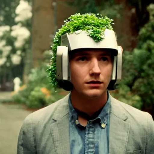 Image similar to movie still of a youth with a cyborg plants flowers helmet, cinematic composition, cinematic light, by edgar wright and david lynch