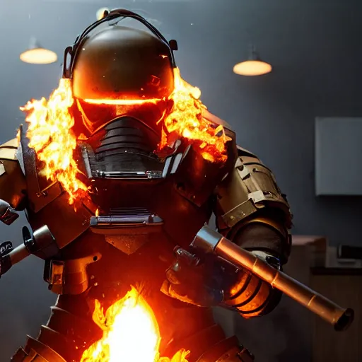 Image similar to angry man in juggernaut armor burning a desktop tower pc with a military flamethrower