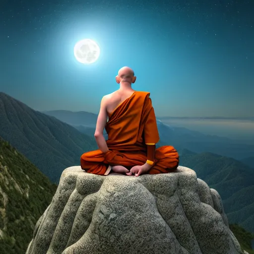 Prompt: high definition render of a monk on top of a mountain, alex gray, full moon, galaxy, spritiual enlightenment, buddhism, 8 k, intricate, raytracing, cinematic