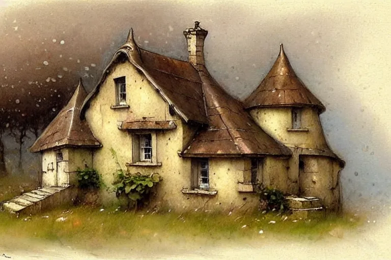 Prompt: (((((1950s small castle cottage . muted colors.))))) by Jean-Baptiste Monge !!!!!!!!!!!!!!!!!!!!!!!!!!!