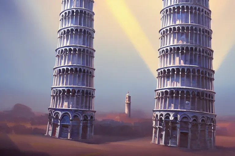 Prompt: the Pisa tower, futuristic, oil painting, unity engine, wide angle, 4k, dramatic light, styled 3d, trending on artstation, high definition, god rays, caustics