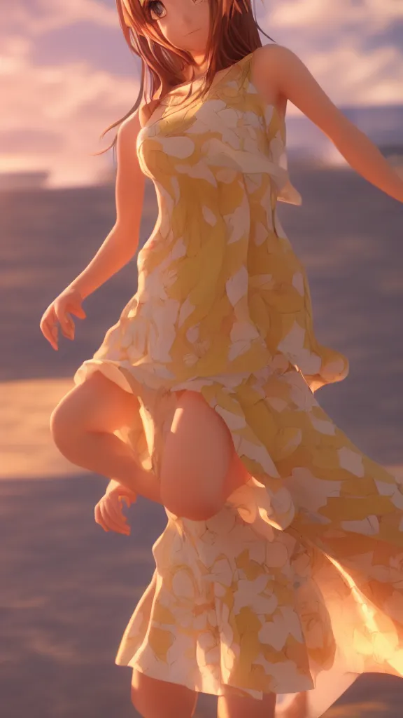 Image similar to Render of a very beautiful 3d anime girl, long hair, hazel eyes, cute freckles, full round face, short smile, cute sundress, golden hour, serene beach setting, medium shot, mid-shot, highly detailed, trending on Artstation, Unreal Engine 4k