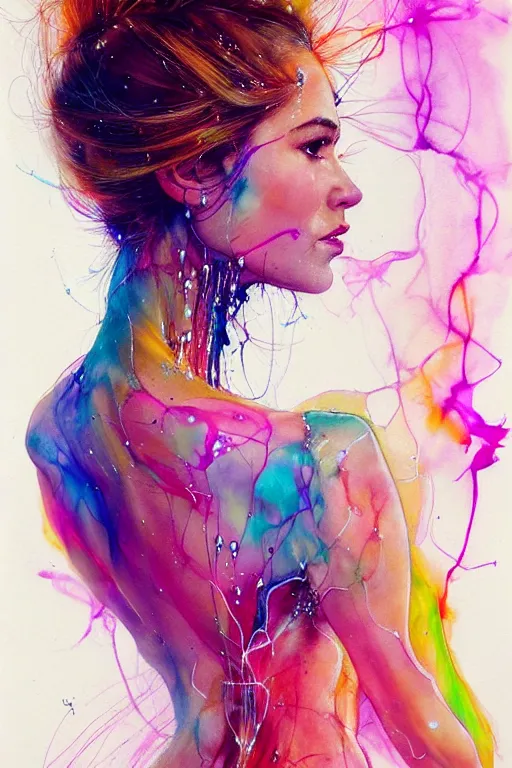 Image similar to sophia vergara by agnes cecile enki bilal moebius, intricated details, 3 / 4 back view, hair styled in a bun, bendover posture, full body portrait, extremely luminous bright design, pastel colours, drips, autumn lights