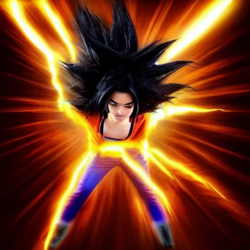 Prompt: big eyes face photo of kendall jenner as super saiyan as goku powering up wearing hoodie electric energy dramatic lighting by annie leibovitz