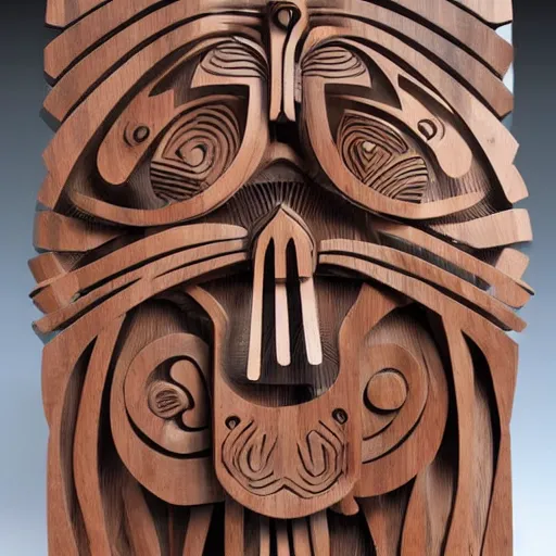 Prompt: intricate abstract wooden sculpture of a mix of alien, cubist, futuristic mayan design influences