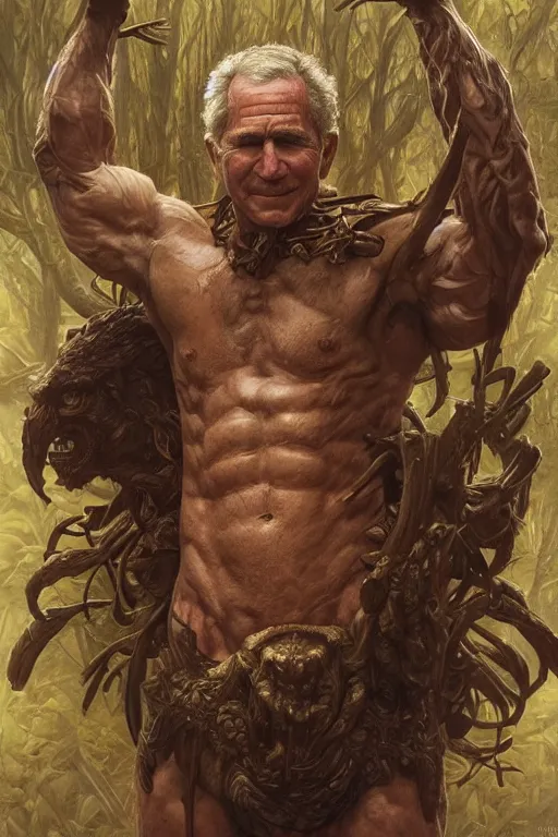 Image similar to portrait of george w bush as a hulking herculean demon, forest, godlike, full body, fantasy, intricate, elegant, highly detailed, digital painting, artstation, concept art, sharp focus, illustration, art by artgerm and greg rutkowski and alphonse mucha