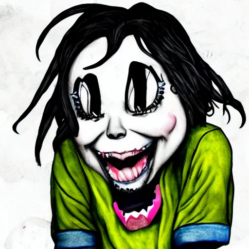 Prompt: grunge drawing of a happy billie eilish in the style of loony toons | horror themed | pennywise style