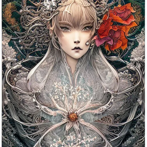 Image similar to of intricate and detailed beautiful frozen flower, symmetrical, by yoichi hatakenaka, masamune shirow, josan gonzales and dan mumford, ayami kojima, takato yamamoto, barclay shaw, karol bak