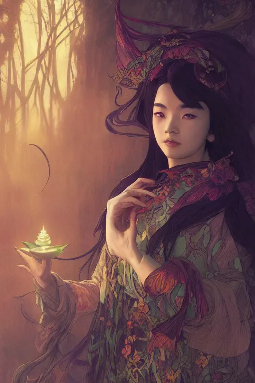 Prompt: a beautiful render of absolutely beautiful asian witch, gothic background, a beautiful face, perfectly shaded, atmospheric lighting, style of makoto shinkai, raphael lacoste, louis comfort tiffany, artgerm, karol bak, james jean, alphonse maria mucha