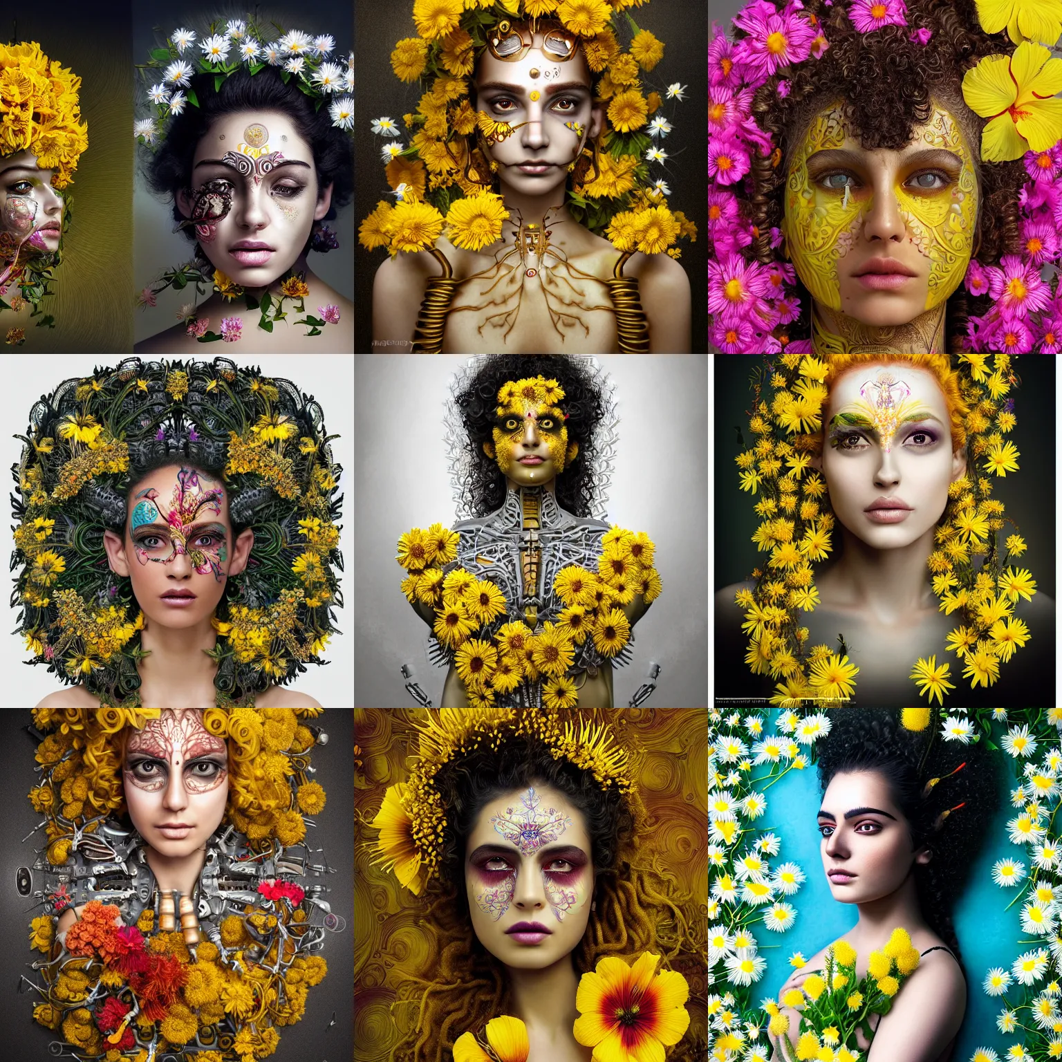 Prompt: a beautiful intricate fine art portrait photo of an indian cyborg with bionic implants on the face, epic curly hair spread out around her lined with beautiful yellow hibiscus, lying on a bed of daisies, by natalie shau and james christensen, masterpiece!, top view, studio lighting, golden ratio composition, 5 0 mm lens, deep depth of field, artstation, 8 k