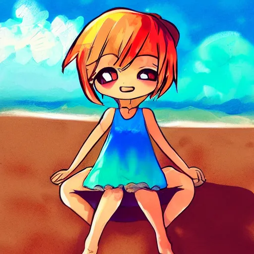Image similar to chibi anime character, chilling on the beach, lofi colors, digital painting, super detailed
