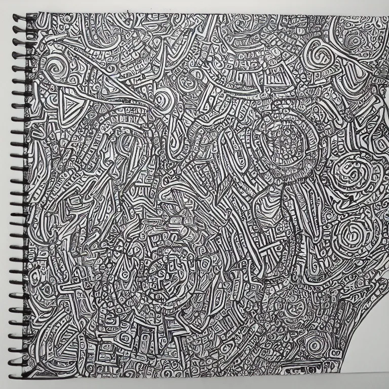 Image similar to notebook doodle architecture sketch with extremely intricate psychedelic patterns hyper detailed linework pen and paper